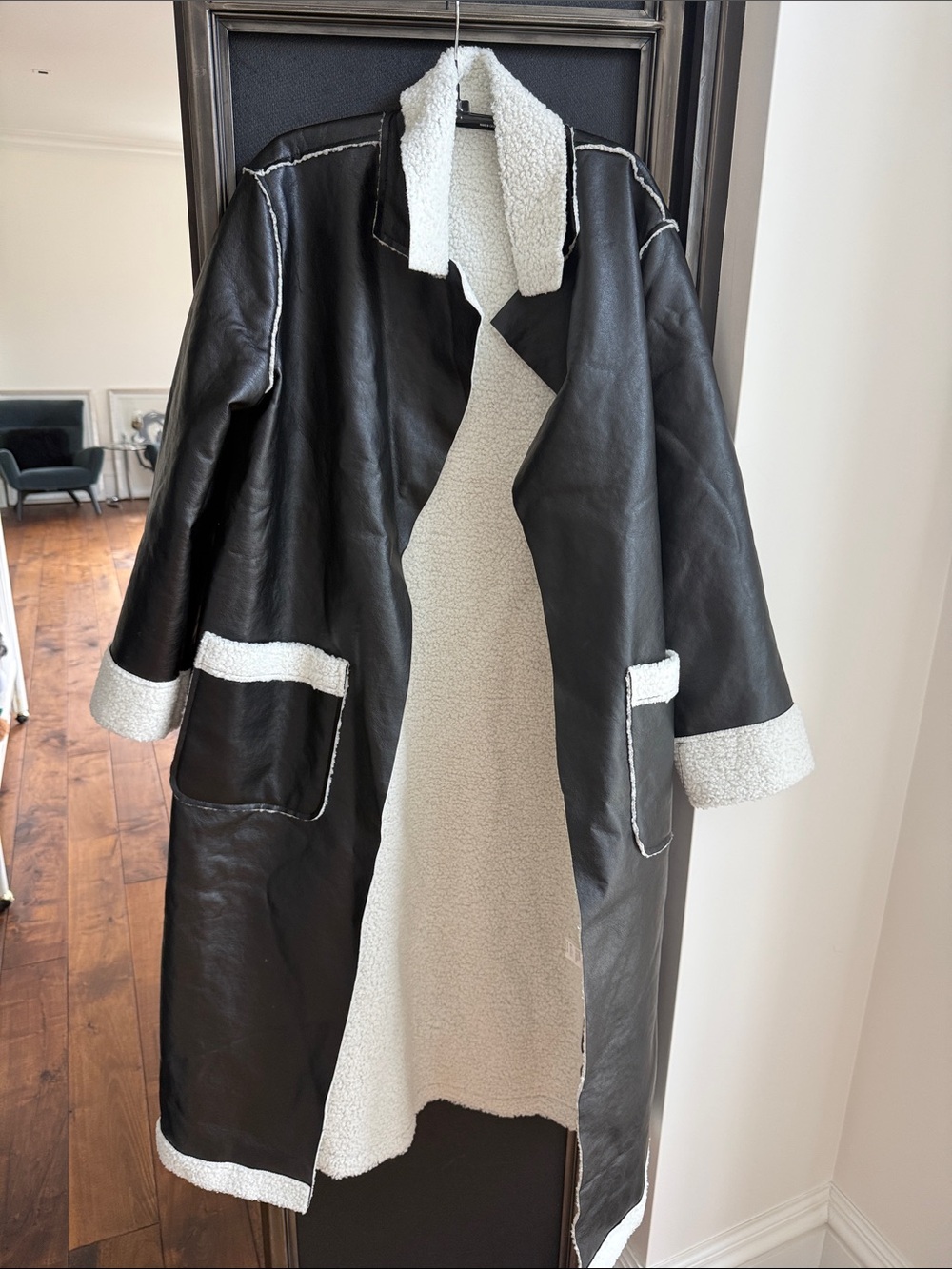 Black Faux Leather Shearling-Trim Coat - Women's
